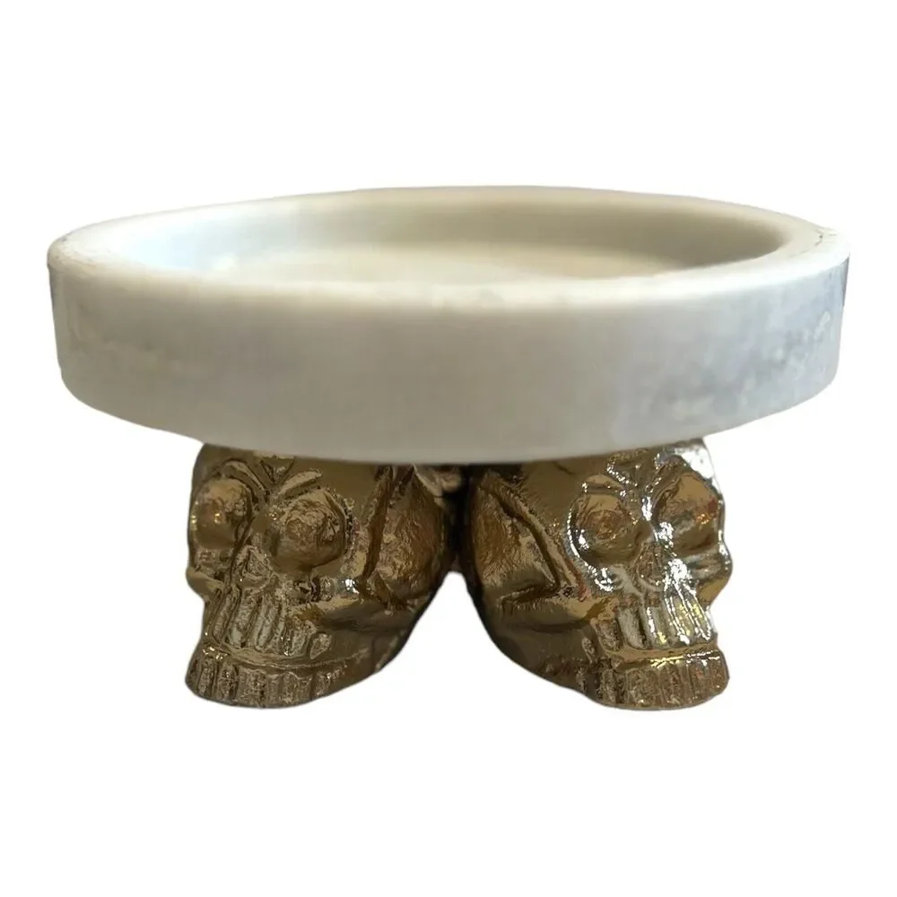 Brass Skulls And Natural Stone Marble Candle Holder Halloween Gothic NEW